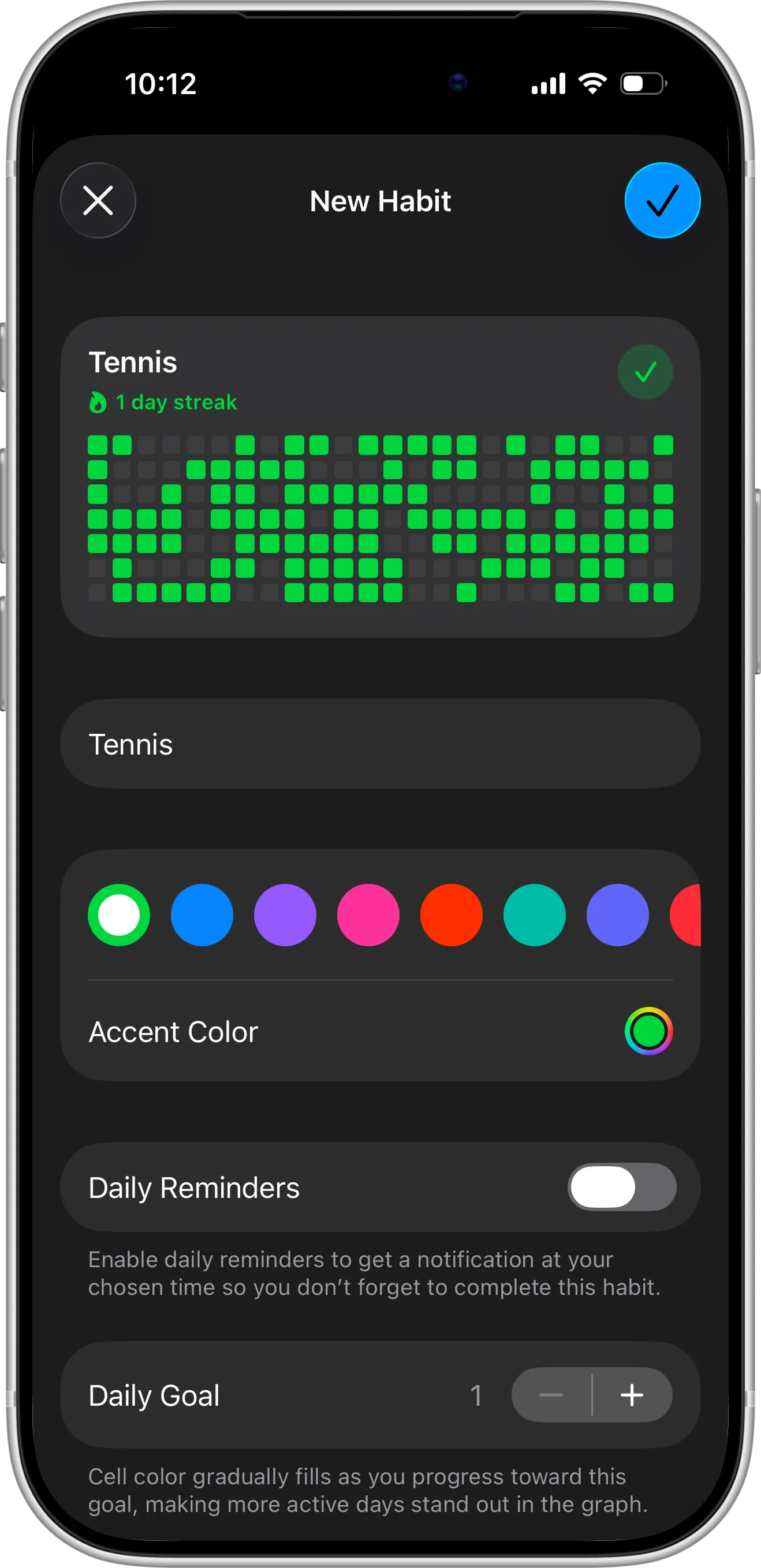 Mockup of Completer habit tracker iOS app showing habit creation screen with customization options