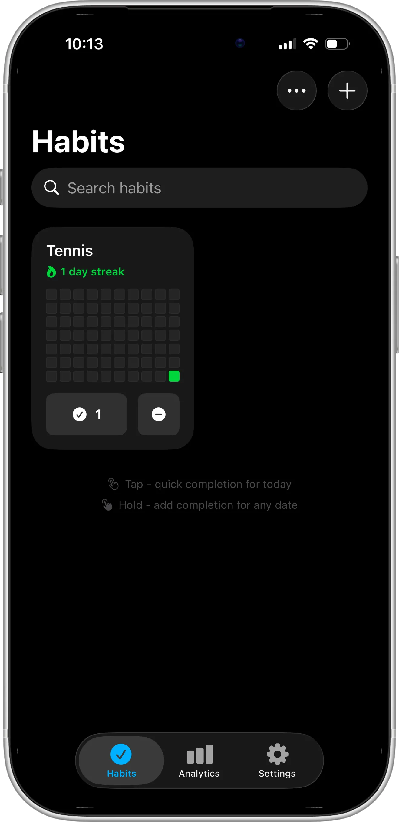 iPhone screenshot of Completer habit tracker dashboard showing habit completion button and calendar for past completions