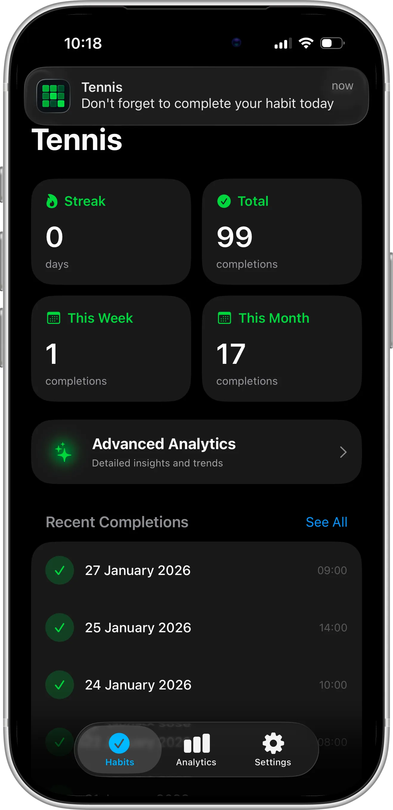 Mockup of Completer habit tracker iOS app showing a received daily habit reminder
