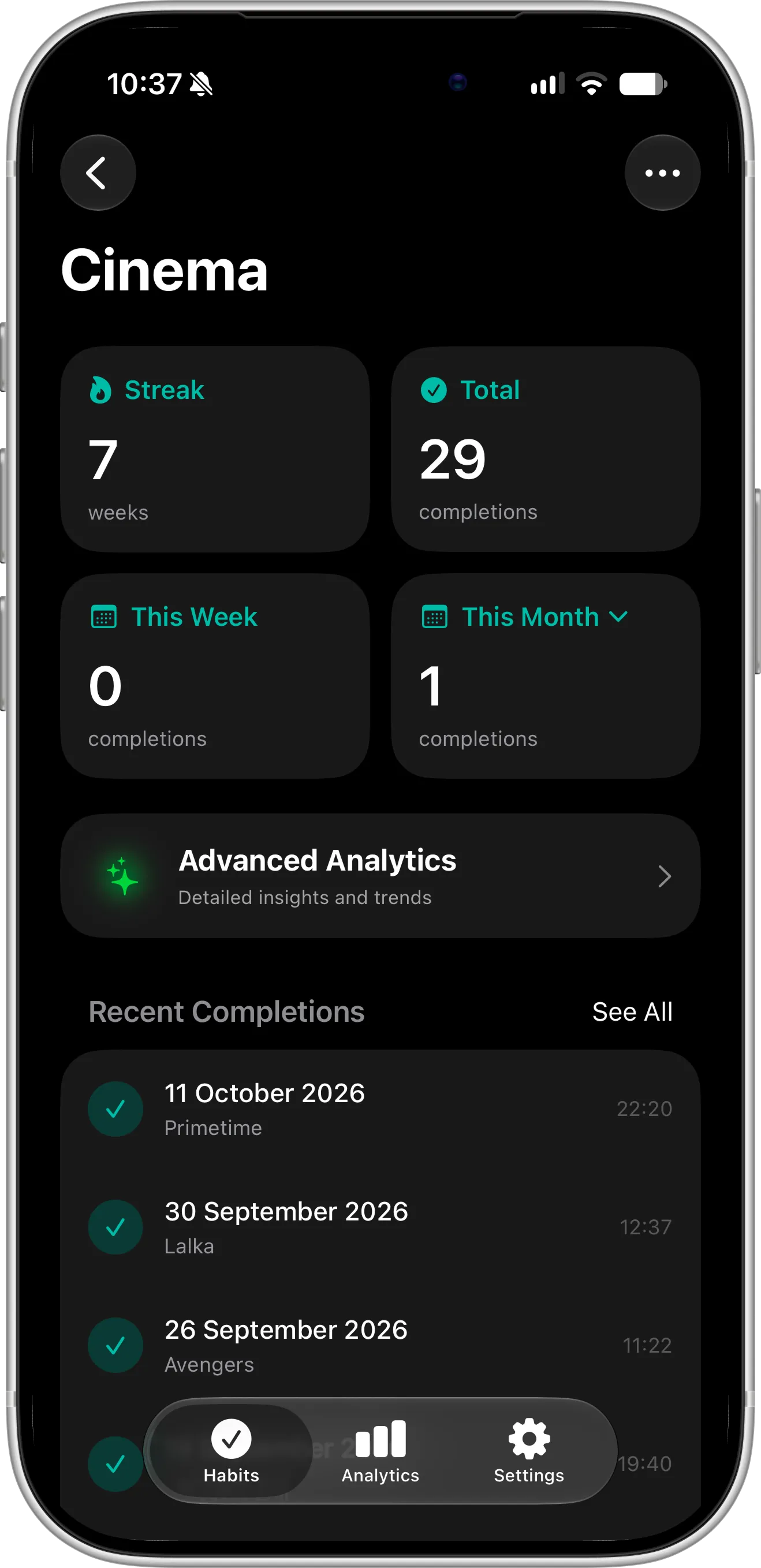 Completer habit details on iPhone showing a 7-week streak, total completions and recent completions, each with its own note