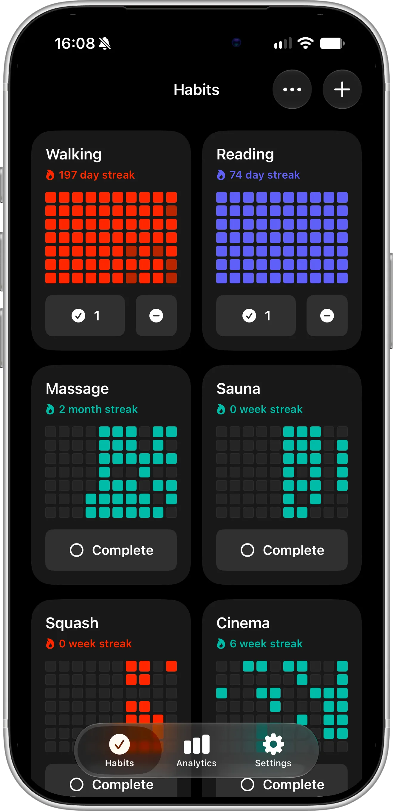 Completer habit tracker dashboard on iPhone showing daily, weekly and monthly habits with contribution graphs and streaks
