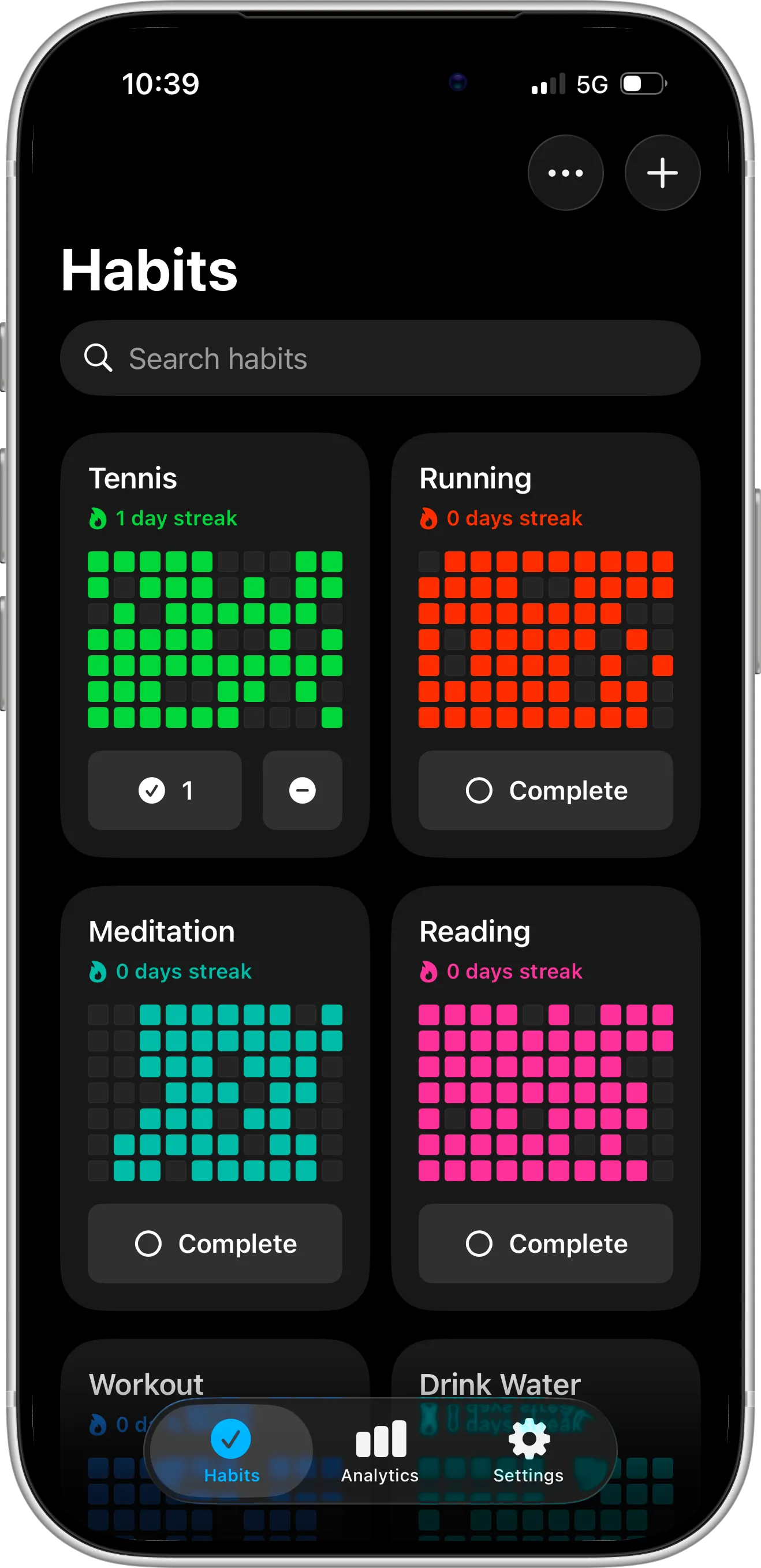 iPhone habit tracker dashboard showing daily, weekly, and monthly habits with progress streaks and visual graphs for easy tracking