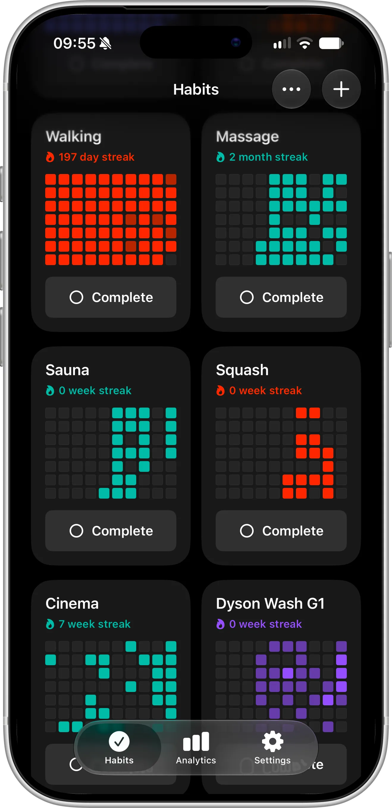 Completer app on iPhone with a list of daily, weekly and monthly habits, each with its own grid of progress squares