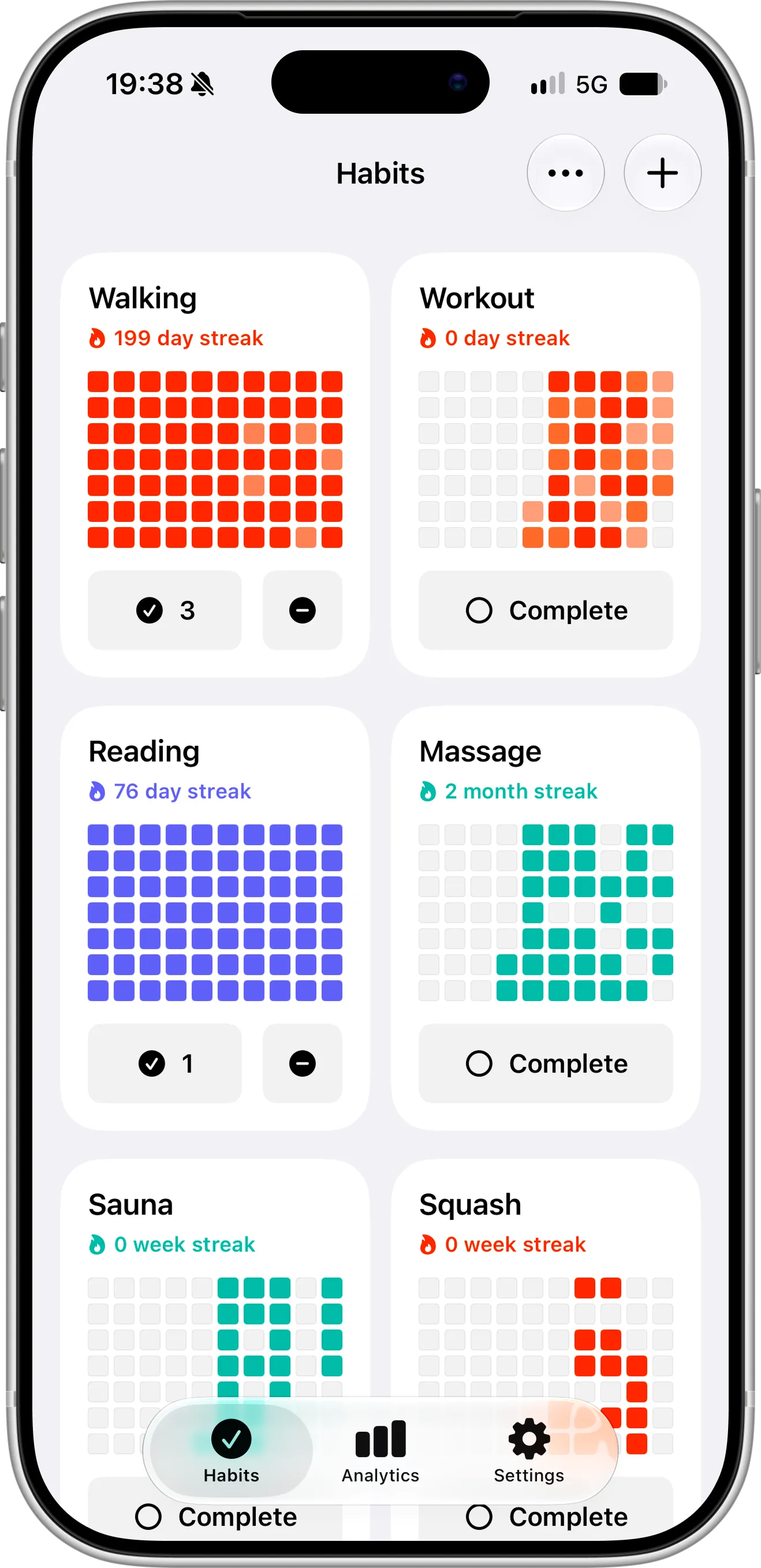 Completer on iPhone showing daily, weekly and monthly habits, each with a grid of colored squares