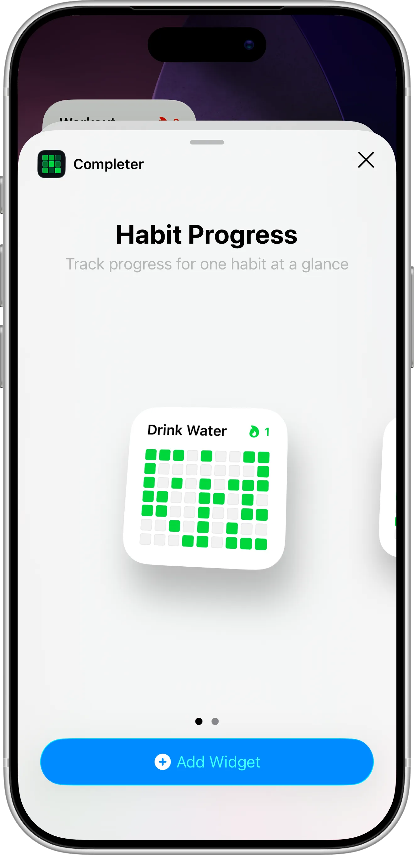 Home Screen widget configuration in a Completer habit tracker app showing habit selection