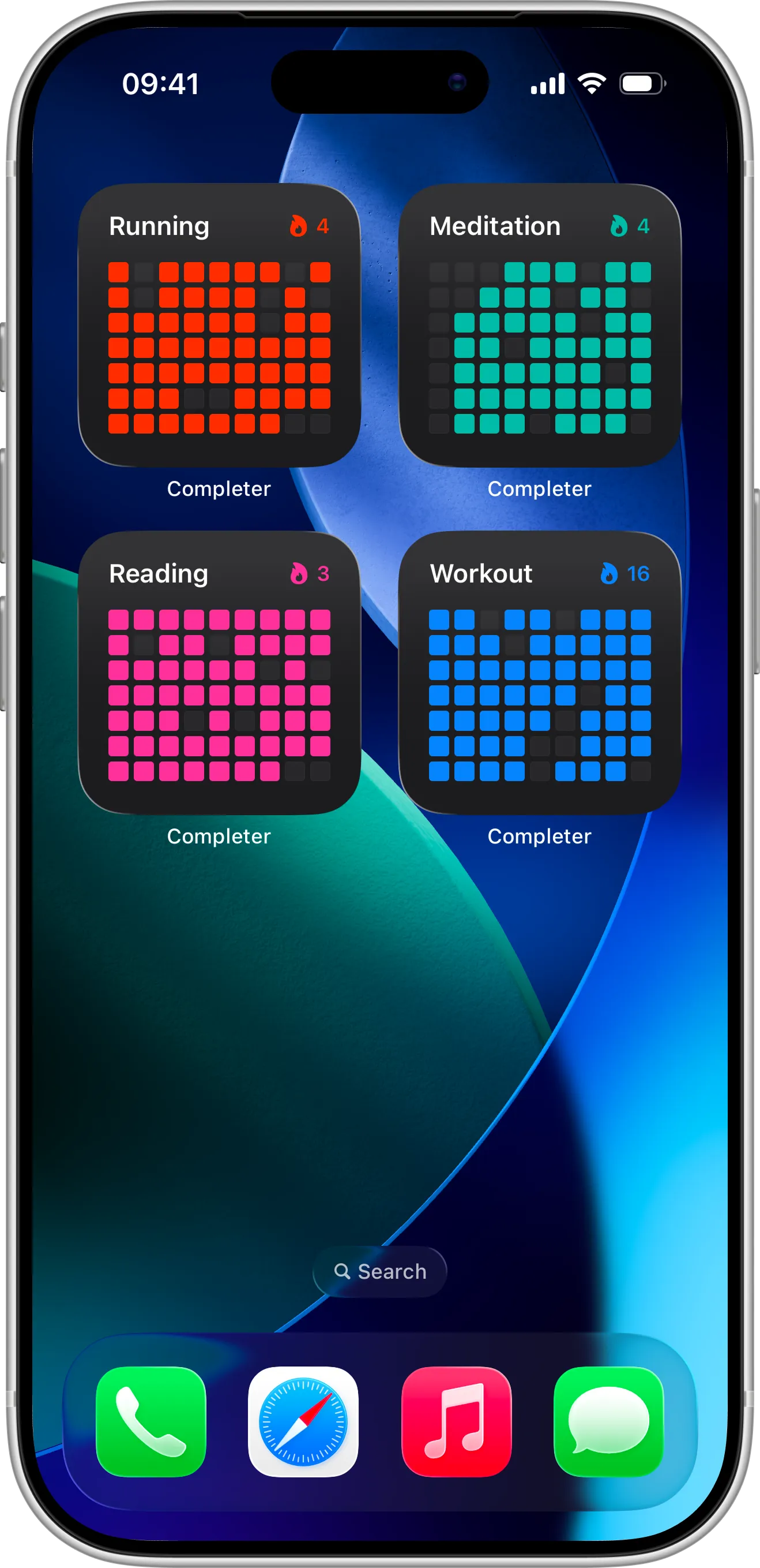 Mockup of Completer habit tracker iOS app showing Home Screen widgets with progress