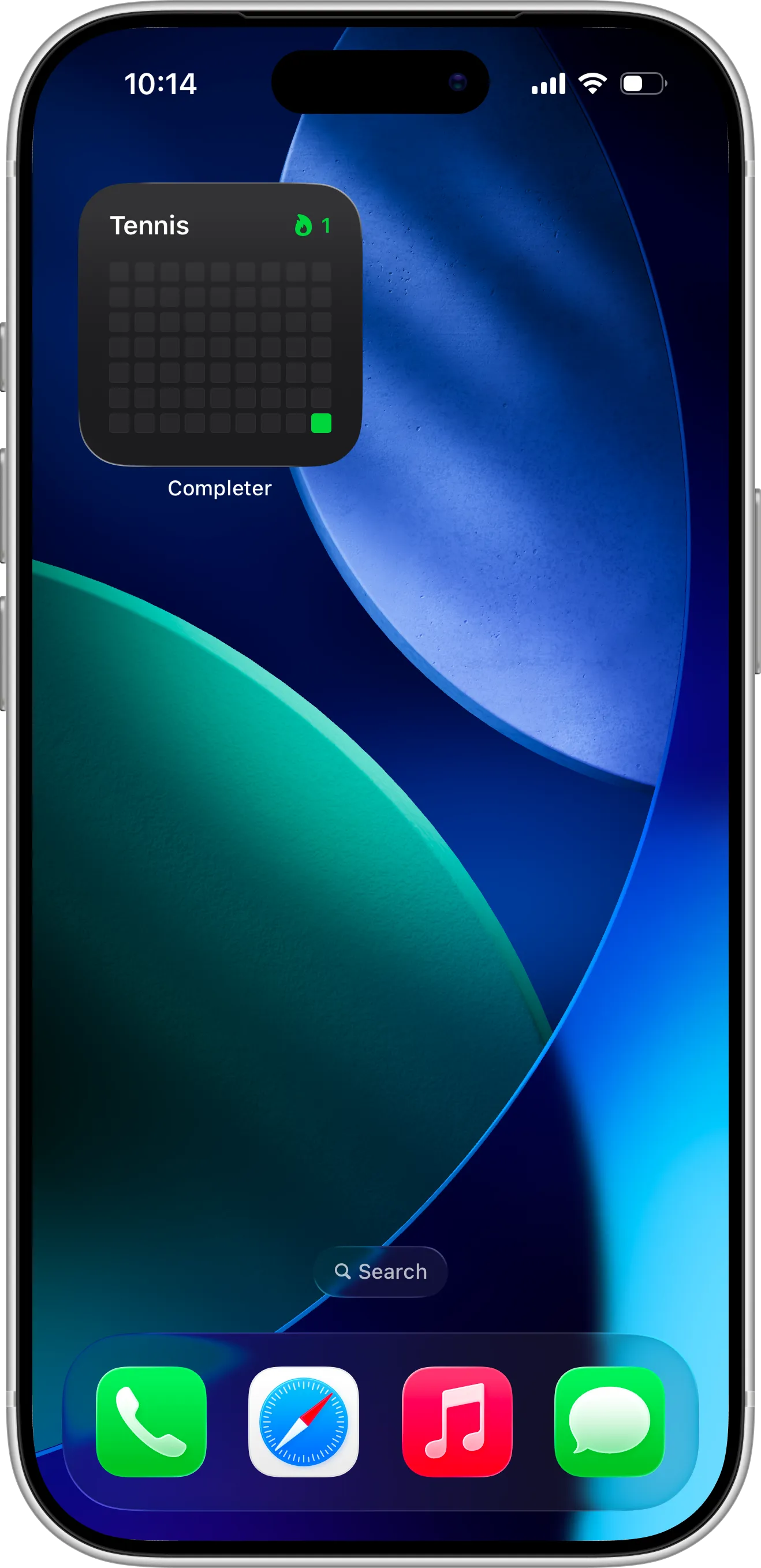iPhone Home Screen screenshot with Completer habit tracker widget displaying habit progress