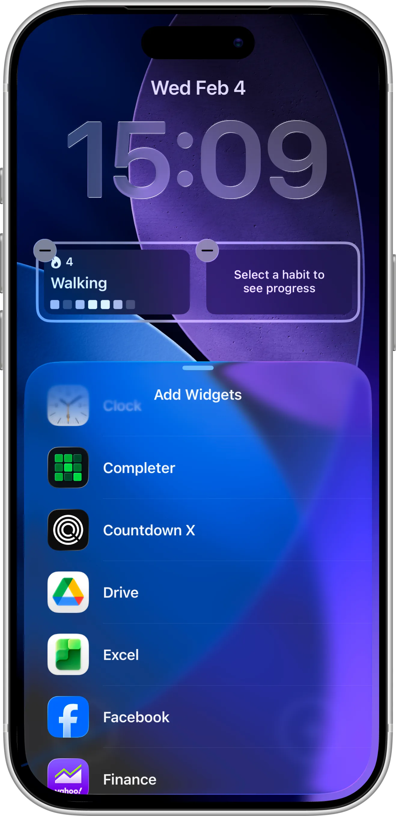 Lock Screen widget configuration in a Completer habit tracker app showing habit selection