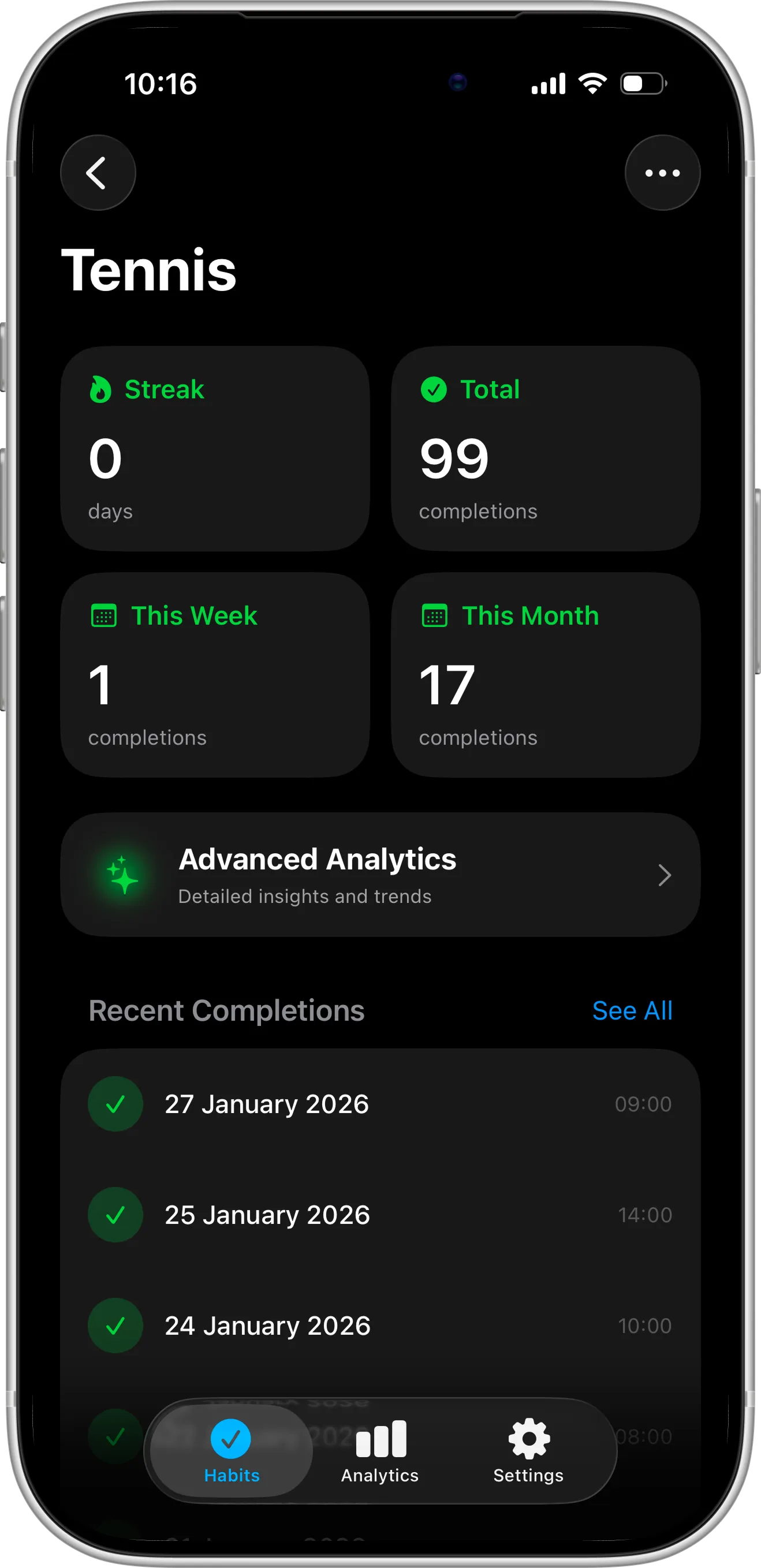 iPhone screenshot of Completer habit tracker habit details page showing recent completions, streak, total completions, and weekly/monthly summary
