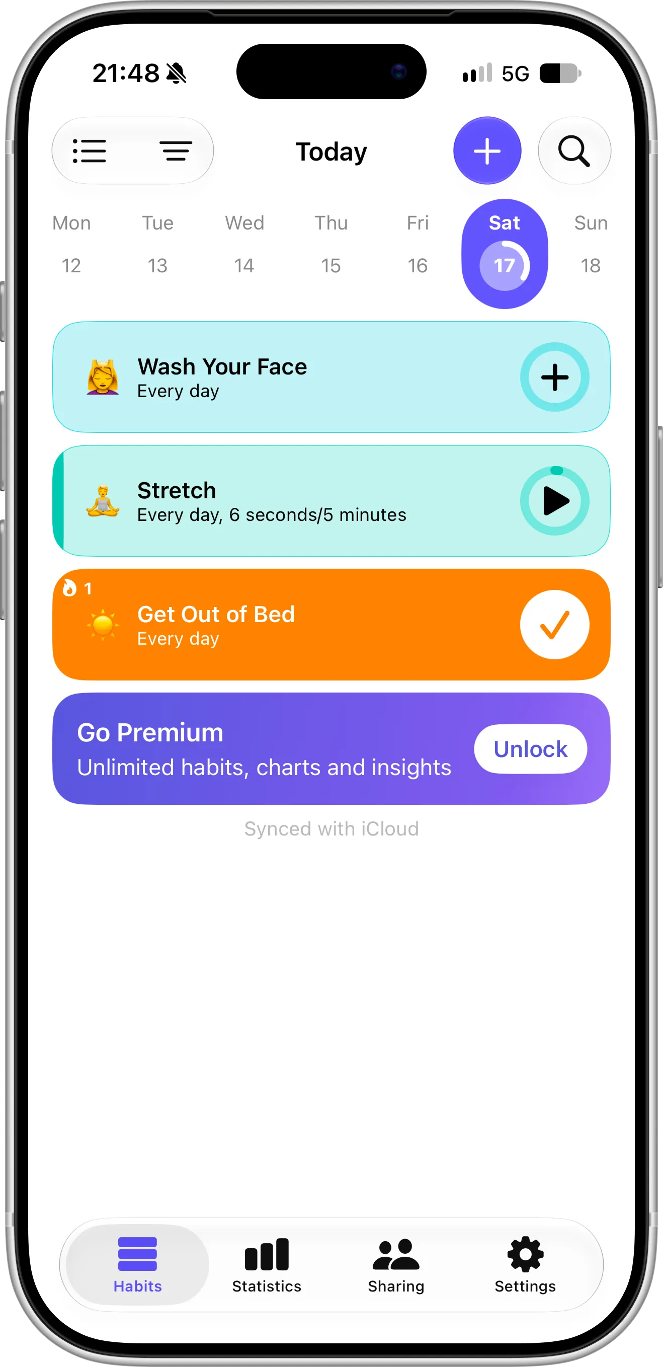 Grit habit tracker on iPhone showing the Today screen with a week strip, three habit cards including a timed Stretch habit, and a Go Premium banner