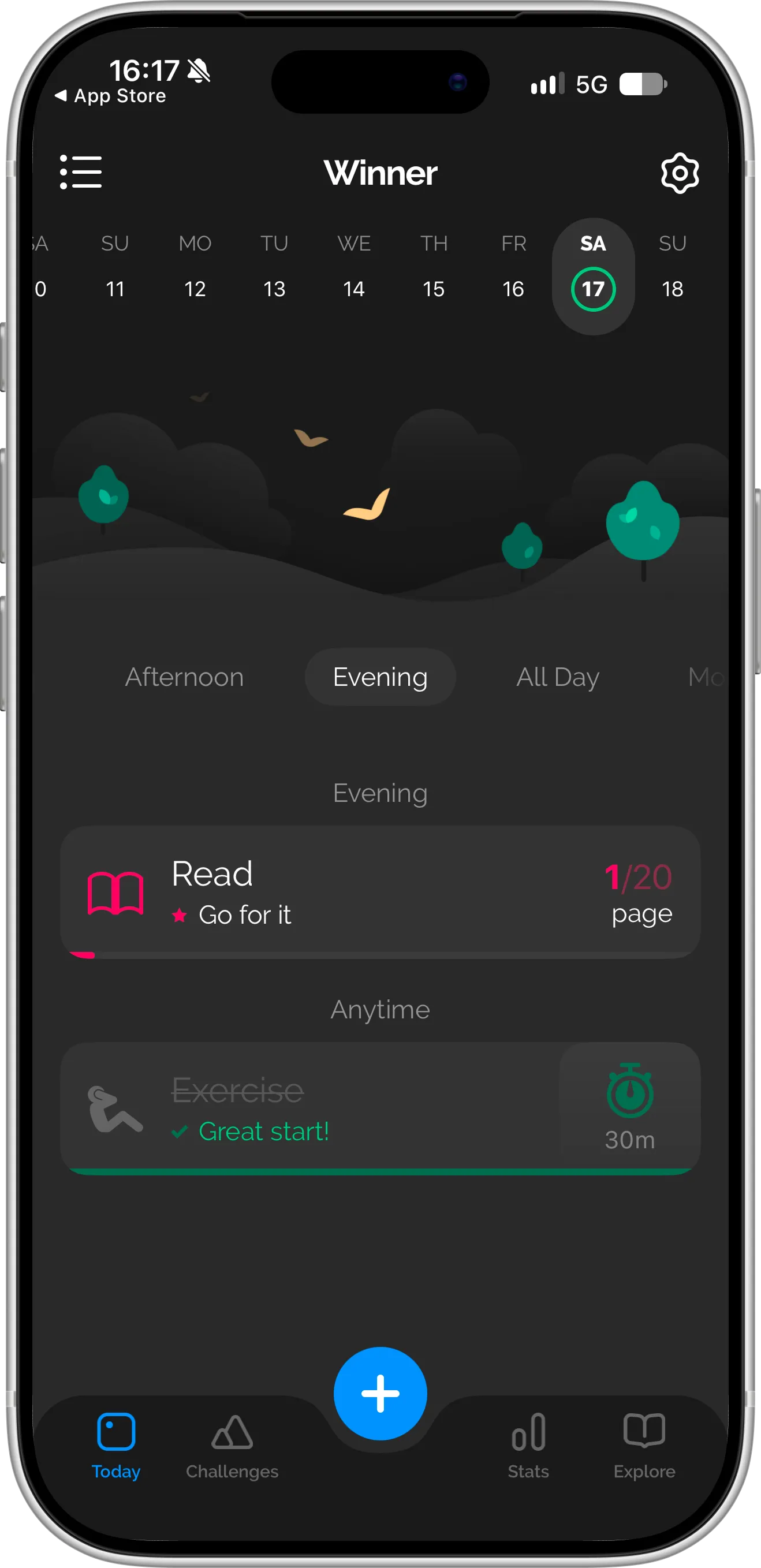 Productive habit tracker on iPhone showing the Today screen with the Evening section open, a Read habit and a completed Exercise habit